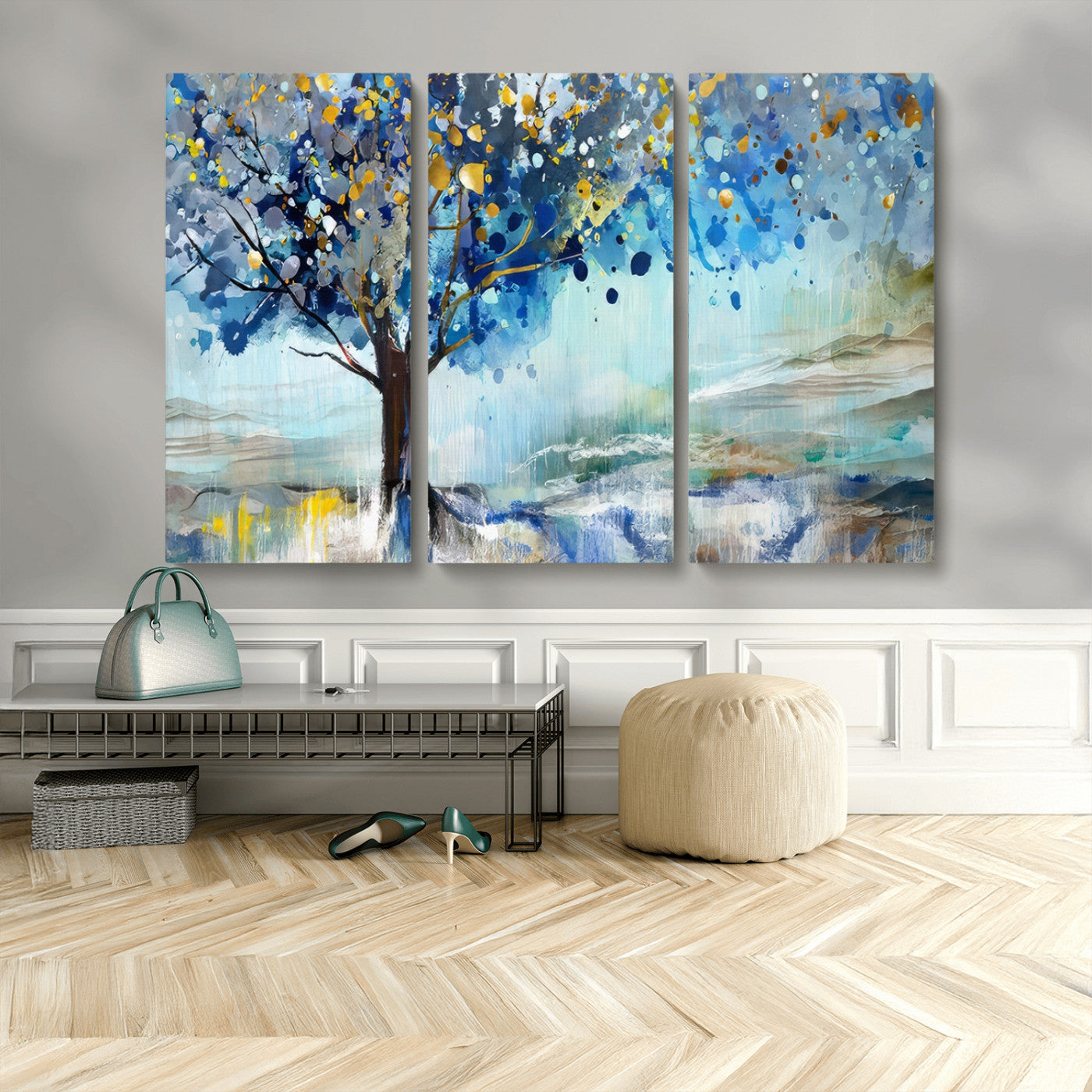17018-MGV-CV-36X24-Abstract Blue Tree Wall Art – Colorful Canvas Painting with Gold and Silver Accents, Modern Nature Artwork for Living Room,