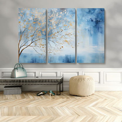 23891-MGV-CV-48X32-3P-Abstract Tree Wall Art – Minimalist Blue and Gold Canvas Painting, Elegant Nature-Inspired Artwork for Living Room, Bedroom or