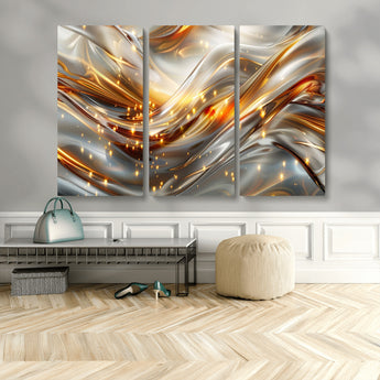 Lines1-MGV-CV-36X24-Abstract Metallic Wall Art – Silver and Gold Wave Canvas Print with Sparkling Accents, Modern Luxury Decor for Living Room, Office