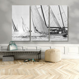 Boat-1-MGV-CV-48X32-3P-Sailboat Racing Wall Art – Nautical Black and White Canvas Print, Ocean Adventure Decor for Office, Living Room or Bedroom