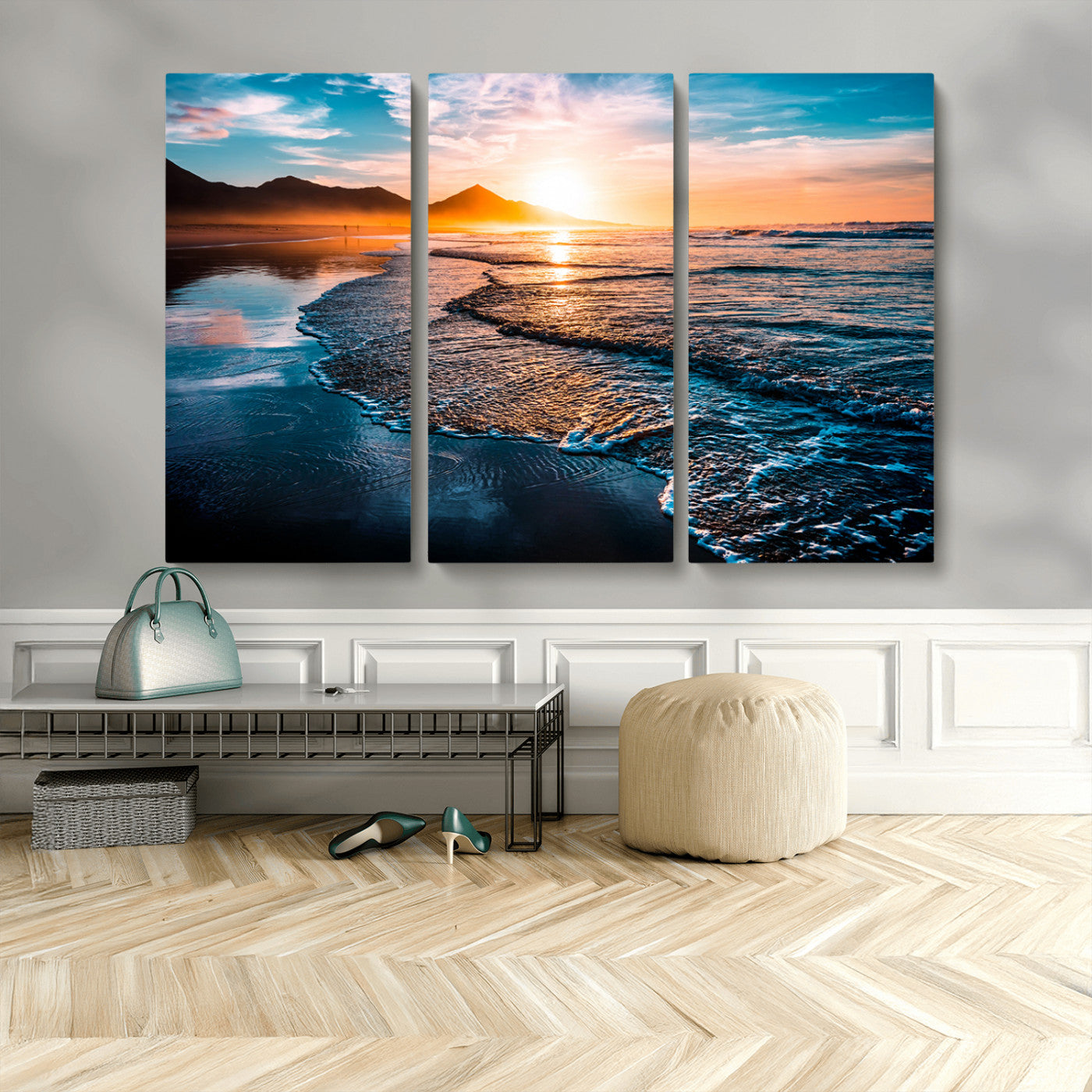 26494-MGV-CV-36X24-Ocean Sunset Wall Art – Scenic Beach Canvas Print with Waves and Mountains, Coastal Seascape Photography for Living Room, Bedroom