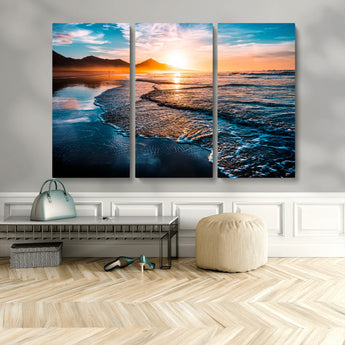 26494-MGV-CV-36X24-Ocean Sunset Wall Art – Scenic Beach Canvas Print with Waves and Mountains, Coastal Seascape Photography for Living Room, Bedroom