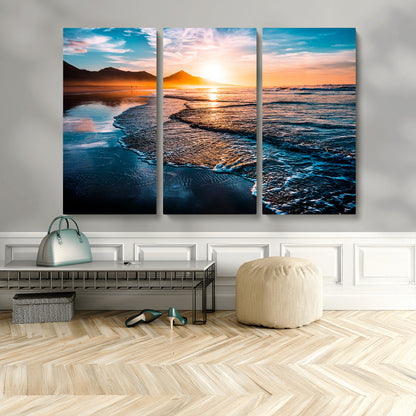 26494-MGV-CV-36X24-Ocean Sunset Wall Art – Scenic Beach Canvas Print with Waves and Mountains, Coastal Seascape Photography for Living Room, Bedroom