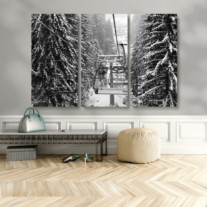 19240-MGV-CV-48X32-3P-Ski Lift Wall Art – Black and White Winter Mountain Canvas Print, Snowy Forest Ski Resort Photography for Cabin, Lodge, Office or