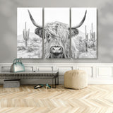 94579-MGV-CV-36X24-Highland Cow Wall Art – Black and White Longhorn Canvas Print, Rustic Western Farmhouse Animal Photography for Living Room,