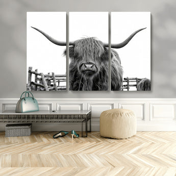 58188-MGV-CV-48X32-3P-Highland Cow Wall Art – Black and White Rustic Farmhouse Canvas Print, Longhorn Cattle Photography Decor for Living Room or