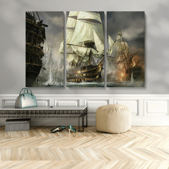 26512-MGV-CV-48X32-3P-Naval Battle Wall Art – Dramatic Tall Ship Canvas Print, Historic Pirate Sailing War Scene, Nautical Decor for Office, Study or