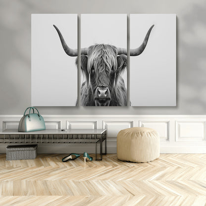 35820-MGV-CV-48X32-3P-Minimalist Highland Cow Wall Art – Black and White Longhorn Cattle Canvas Print, Modern Farmhouse Animal Photography Decor for