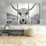 80564-MGV-CV-36X24-Highland Cow Wall Art – Black and White Scottish Highland Canvas Print, Rustic Farmhouse Decor for Living Room, Bedroom or Office