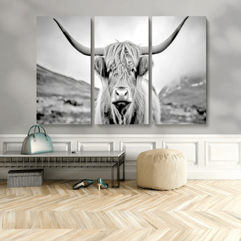 80564-MGV-CV-36X24-Highland Cow Wall Art – Black and White Scottish Highland Canvas Print, Rustic Farmhouse Decor for Living Room, Bedroom or Office