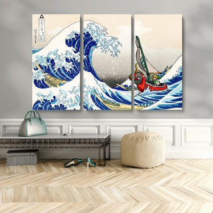 19450-MGV-CV-48X32-3P-Great Wave Adventure Wall Art – Japanese Style Ocean Canvas Print, Fantasy Sailing Decor for Living Room, Bedroom or Office