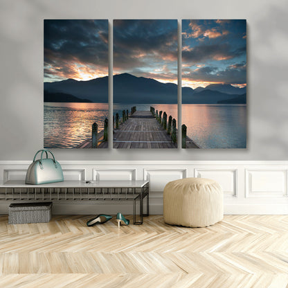20442-MGV-CV-48X32-3P-Lakeside Sunset Dock Wall Art – Peaceful Mountain Lake Canvas Print, Serene Nature Landscape Decor for Living Room, Bedroom or