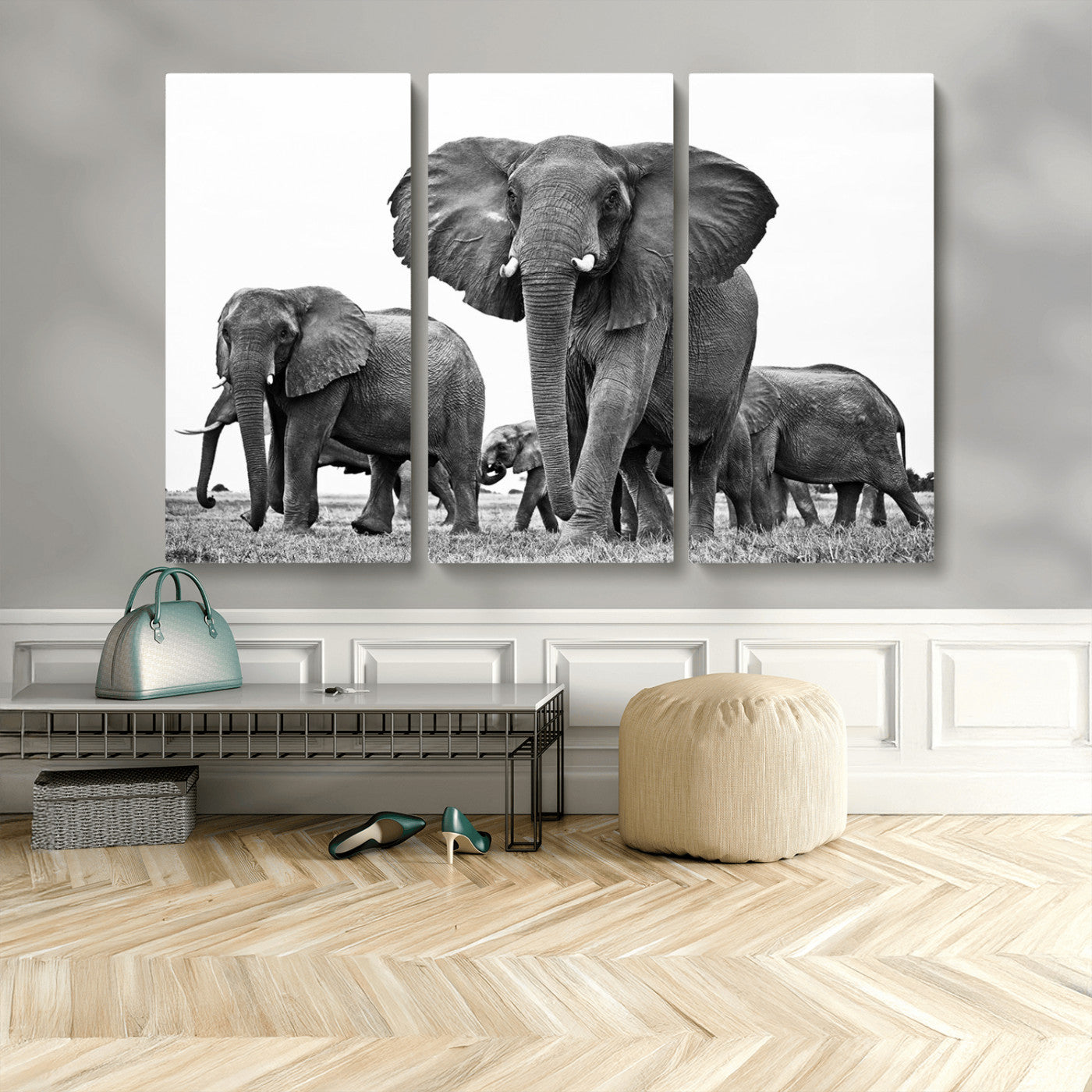 91685-MGV-CV-48X32-3P-Elephant Herd Wall Art – Black and White Safari Canvas Print, African Wildlife Photography Decor for Living Room, Office or