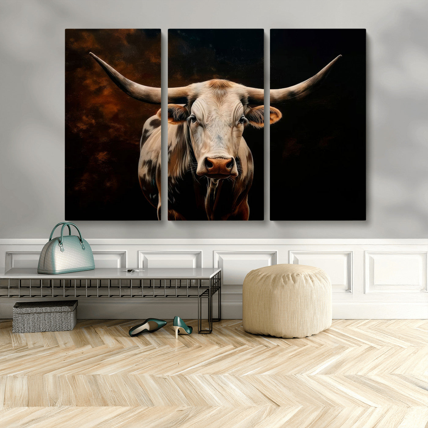 70522-MGV-CV-48X32-3P-Longhorn Bull Wall Art – Striking Canvas Print of Majestic Bull, Premium Animal Decor for Home, Office, Man Cave, or Living Room