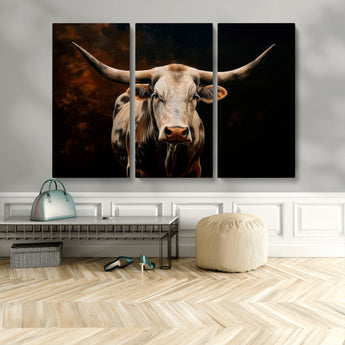 70522-MGV-CV-48X32-3P-Longhorn Bull Wall Art – Striking Canvas Print of Majestic Bull, Premium Animal Decor for Home, Office, Man Cave, or Living Room