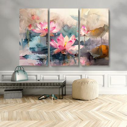 27936-MGV-CV-48X32-3P-Lotus Pond Wall Art – Watercolor Pink Lotus Flowers Canvas Print, Tranquil Botanical Artwork for Bedroom, Living Room or