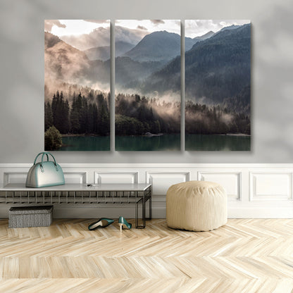 61116-MGV-CV-48X32-3P-Misty Mountain Lake Wall Art – Tranquil Foggy Forest and Lake Canvas Print, Scenic Nature Landscape Decor for Living Room or