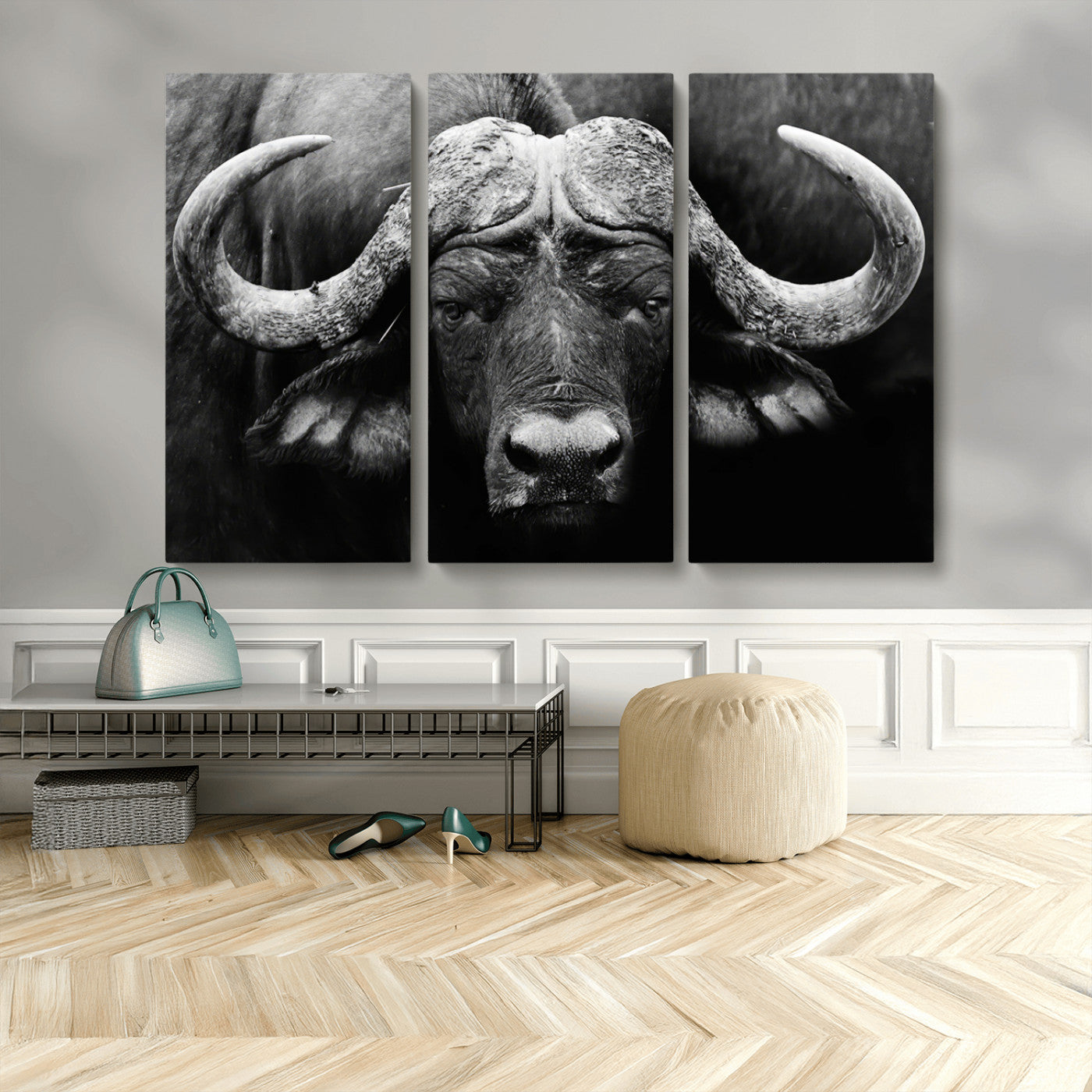 75273-MGV-CV-36X24-Buffalo Wall Art – Black and White African Buffalo Canvas Print, Rustic Wildlife Animal Artwork for Farmhouse, Living Room,