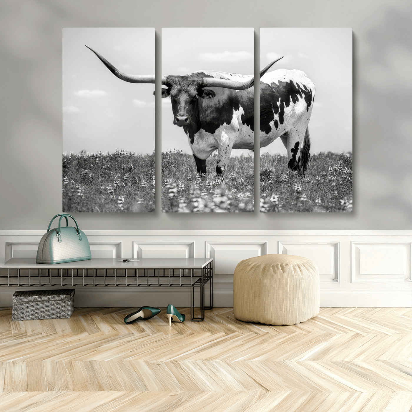 94709-MGV-CV-48X32-3P-Texas Longhorn Wall Art – Black and White Bull Photography Canvas Print, Western Farmhouse Wall Decor for Living Room, Office or