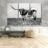 94709-MGV-CV-48X32-3P-Texas Longhorn Wall Art – Black and White Bull Photography Canvas Print, Western Farmhouse Wall Decor for Living Room, Office or