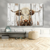 71551-MGV-CV-36X24-Longhorn Bull Wall Art – Rustic Western Cow Canvas Print, Farmhouse Animal Painting with Wood Plank Style for Living Room, Office