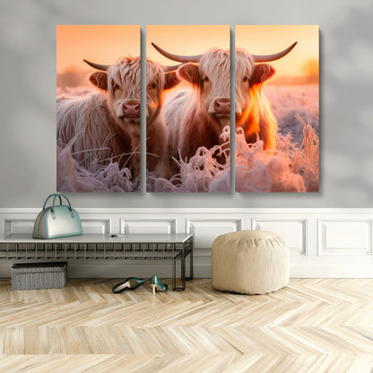 68253-MGV-CV-36X24-Highland Cow Wall Art – Rustic Farmhouse Cattle Canvas Print, Frosty Sunset Animal Artwork for Living Room, Bedroom or Country