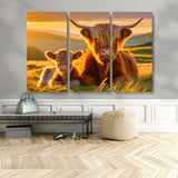 20567-MGV-CV-48X32-3P-Highland Cow and Calf Wall Art – Rustic Farmhouse Sunset Cattle Canvas Print, Country Animal Artwork for Living Room, Bedroom, or
