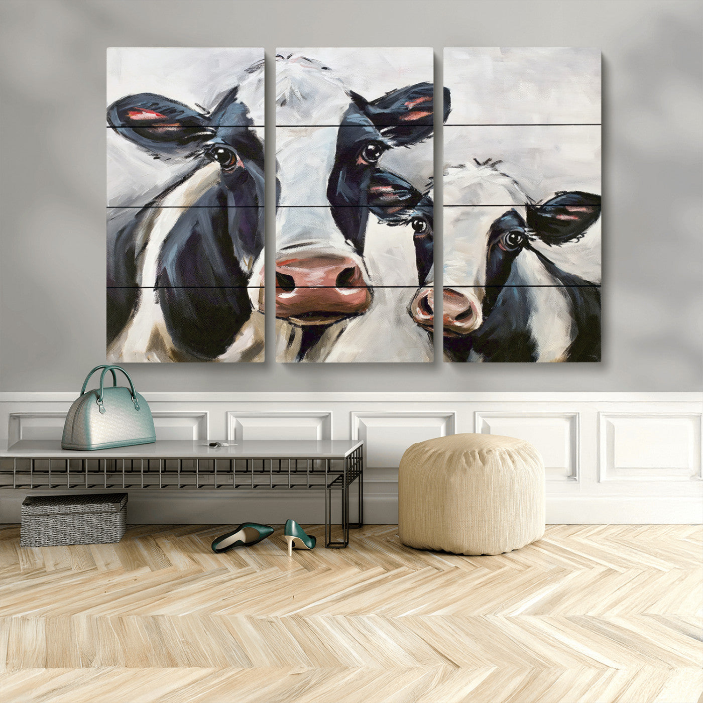 28934-MGV-CV-48X32-3P-Farmhouse Cow Wall Art – Rustic Black and White Dairy Cattle Canvas Print, Country Barn Animal Painting for Kitchen, Living Room