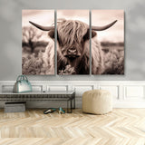 55903-MGV-CV-48X32-3P-Highland Cow Wall Art – Rustic Sepia Scottish Highland Bull Canvas Print, Farmhouse Country Animal Decor for Living Room, Bedroom
