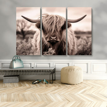 55903-MGV-CV-48X32-3P-Highland Cow Wall Art – Rustic Sepia Scottish Highland Bull Canvas Print, Farmhouse Country Animal Decor for Living Room, Bedroom