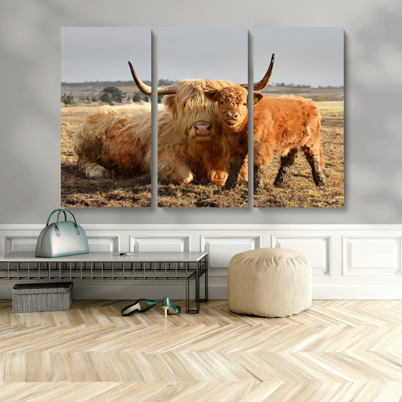 53461-MGV-CV-36X24-Highland Cow Family Wall Art – Rustic Farmhouse Animal Canvas Print, Country Decor for Living Room, Bedroom or Office, Calf and