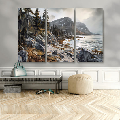 41281-MGV-CV-36X24-Rocky Shoreline Wall Art – Panoramic Mountain Coast and Forest Canvas Print, Rustic Nature Landscape Decor for Cabin, Lodge, or