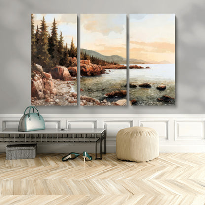 77145-MGV-CV-36X24-Coastal Landscape Wall Art – Panoramic Rocky Shoreline and Pine Trees Canvas Print, Rustic Nature Decor for Cabin, Lodge, Office,