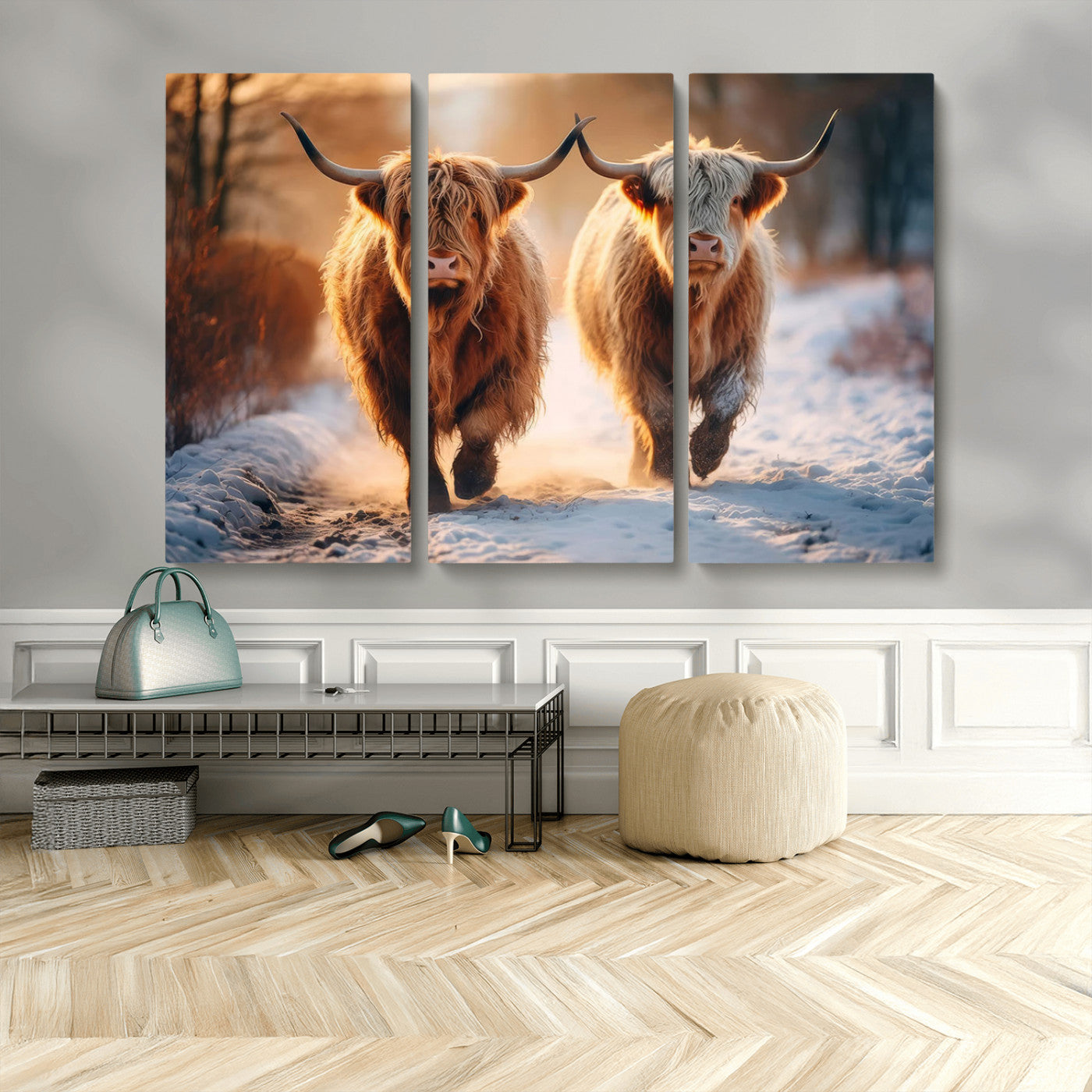 94810-MGV-CV-48X32-3P-Highland Cow Wall Art – Rustic Canvas Print Two Cattle Snow Path Sunset, Farmhouse Country Decor for Living Room, Bedroom, Office,