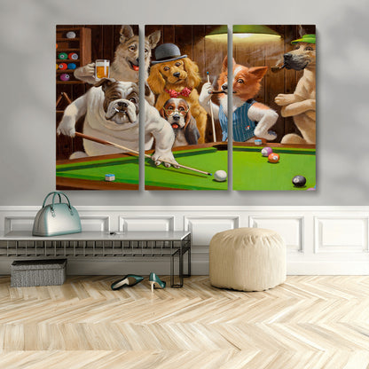 34228-MGV-CV-36X24-Dogs Playing Pool Wall Art Canvas Print, Framed Funny Dog Art Picture Print, Dog Perfect Game Room Decor Artwork