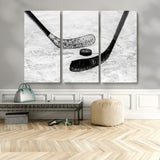 82900-MGV-CV-48X32-3P-Hockey Wall Art – Black and White Canvas Print Ice Rink Sticks Puck Sports Photography, Modern Decor for Game Room, Man Cave,