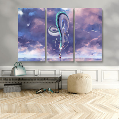 66864-MGV-CV-36X24-Fantasy Dragon Wall Art – Mystical Canvas Print Girl and Sky Serpent Dreamlike Clouds, Magical Anime Inspired Decor for Living