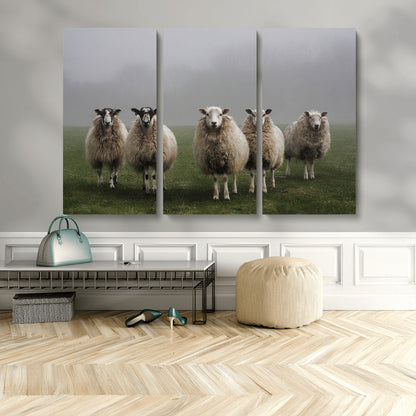 87339-MGV-CV-36X24-Sheep Wall Art – Rustic Farmhouse Canvas Print Flock Standing Misty Field Countryside Photography, Country Animal Decor for Living