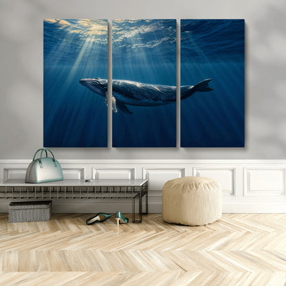18052-MGV-CV-36X24-Whale Wall Art – Majestic Ocean Canvas Print Marine Life Underwater Sunlight Scene, Nautical Coastal Decor for Living Room,
