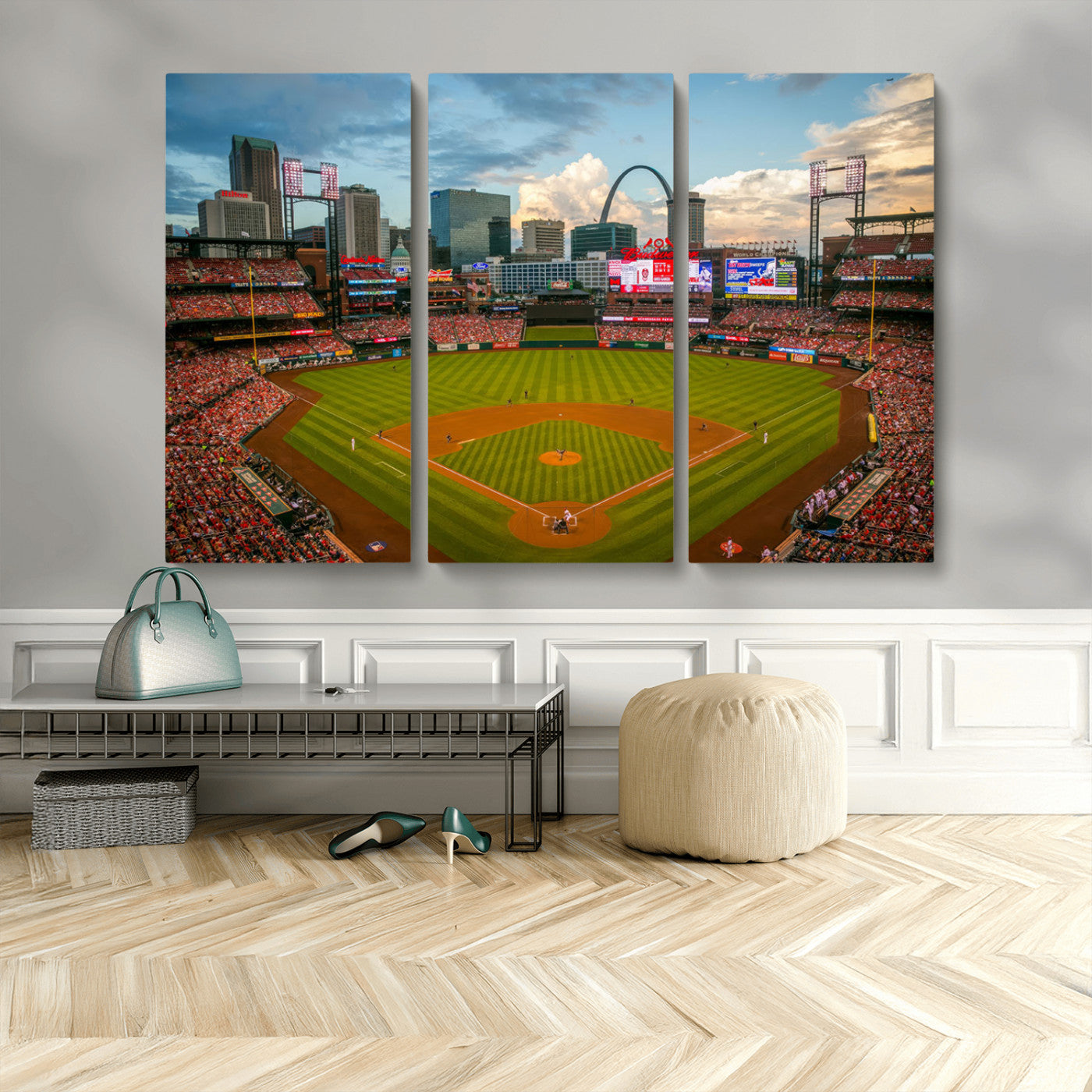 91908-MGV-CV-36X24-Baseball Stadium Wall Art – Canvas Print Game Day Field City Skyline Iconic Arch Scene Sports Photography, Decor for Game Room,