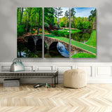 57655-MGV-CV-48X32-3P-Golf Course Wall Art – Canvas Print Scenic Green Fairway Stone Bridge Water Reflection Landscape, Classic Sports Decor for Office,