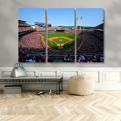 90998-MGV-CV-48X32-3P-Baseball Stadium Wall Art – Canvas Print Day Game Field Packed Crowd Bright Blue Sky Sports Photography, Classic Decor for Game