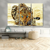 45281-MGV-CV-48X32-3P-Blue Eye Leopard Wall Art Canvas Print, Framed Leopard Painting Art Picture Print, Big Cat Perfect Safari Wildlife Decor Artwork