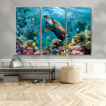 38661-MGV-CV-48X32-3P-Sea Turtle Wall Art Canvas Print, Framed Ocean Wildlife Art Picture Print, Turtle Perfect Coastal Nature Decor Artwork