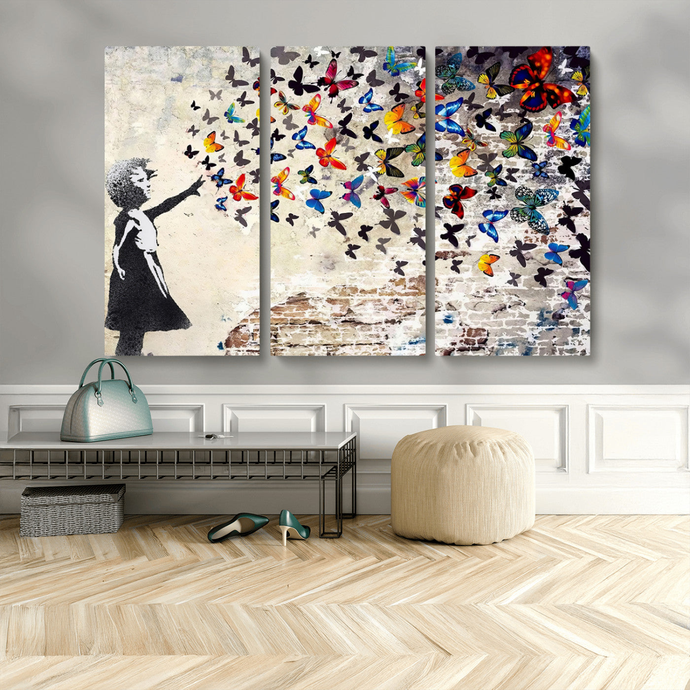 97895-MGV-CV-36X24-Girl with Butterflies Wall Art – Colorful Street Art Style Canvas Print, Modern Graffiti-Inspired Butterfly Artwork for Living