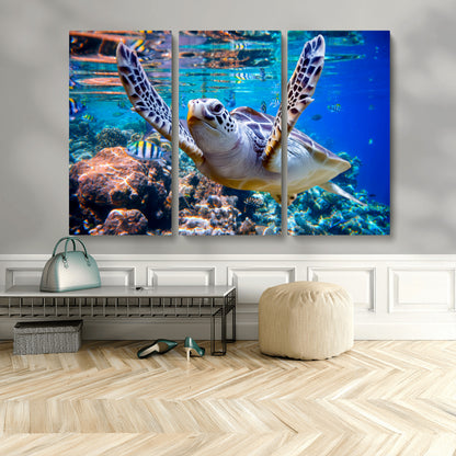 12683-MGV-CV-48X32-3P-Sea Turtle Wall Art – Graceful Ocean Canvas Print with Coral Reef and Tropical Fish, Coastal Marine Life Decor for Beach House,