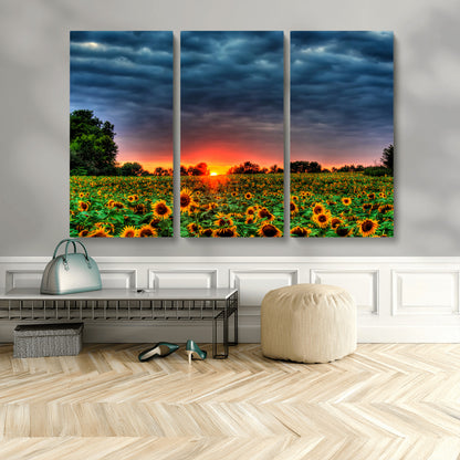45045-MGV-CV-48X32-3P-Sunflower Field Sunset Wall Art – Dramatic Stormy Sky Landscape Print, Vibrant Yellow Floral Nature Canvas for Living Room,