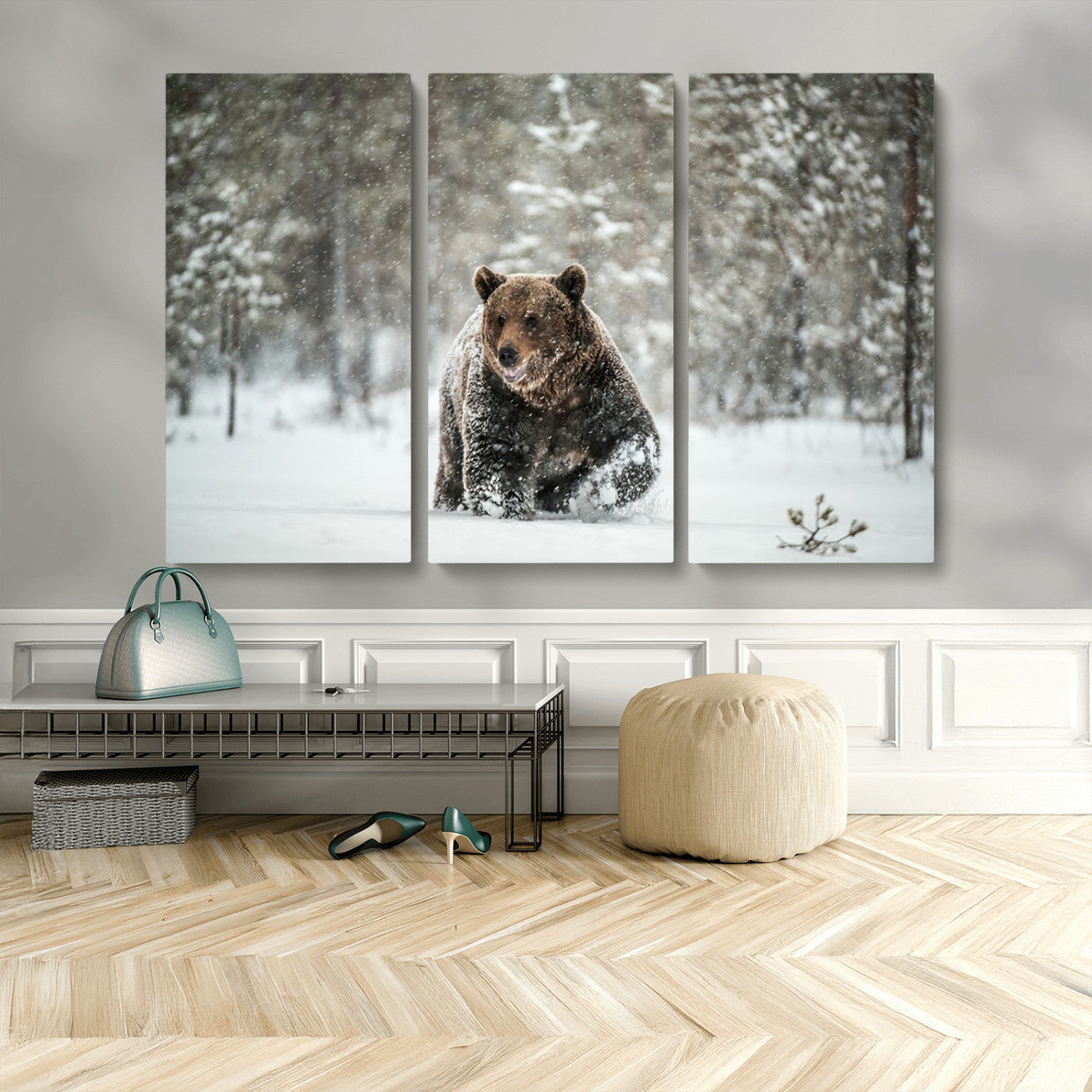 43350-MGV-CV-48X32-3P-Wild Bear in Snow Wall Art – Majestic Wildlife Photography Print, Winter Forest Nature Decor for Cabin, Lodge, Rustic Home,