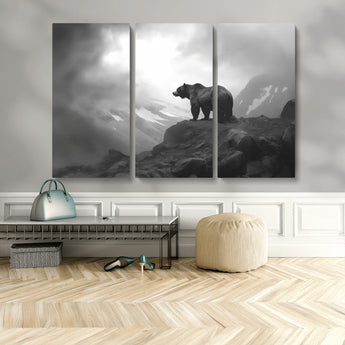 49504-MGV-CV-48X32-3P-Black and White Grizzly Bear Wall Art – Wilderness Wildlife Painting, Rustic Mountain Cabin Decor, Monochrome Animal Print for