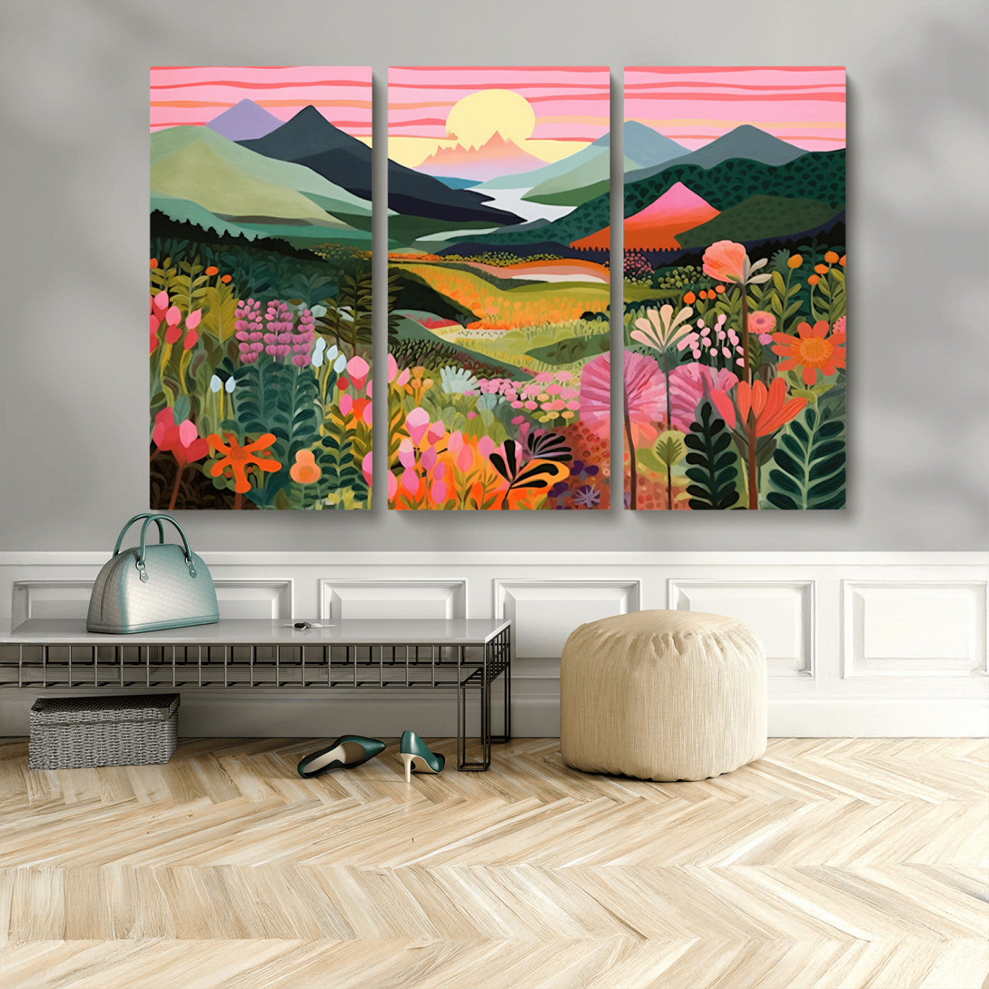 99638-MGV-CV-36X24-Sunset Meadow Wall Art – Panoramic Mountain Landscape with Wildflowers Canvas Print, Vibrant Nature Decor for Living Room, Bedroom